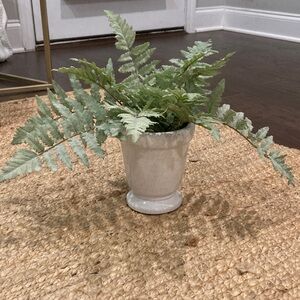 Pottery Barn White Ceramic Planter with Soft Green Faux Fern
